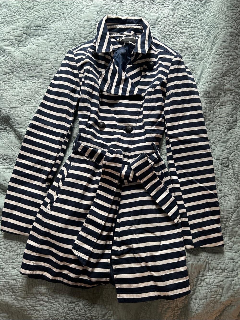 Express Navy & White Striped Trench Coat S